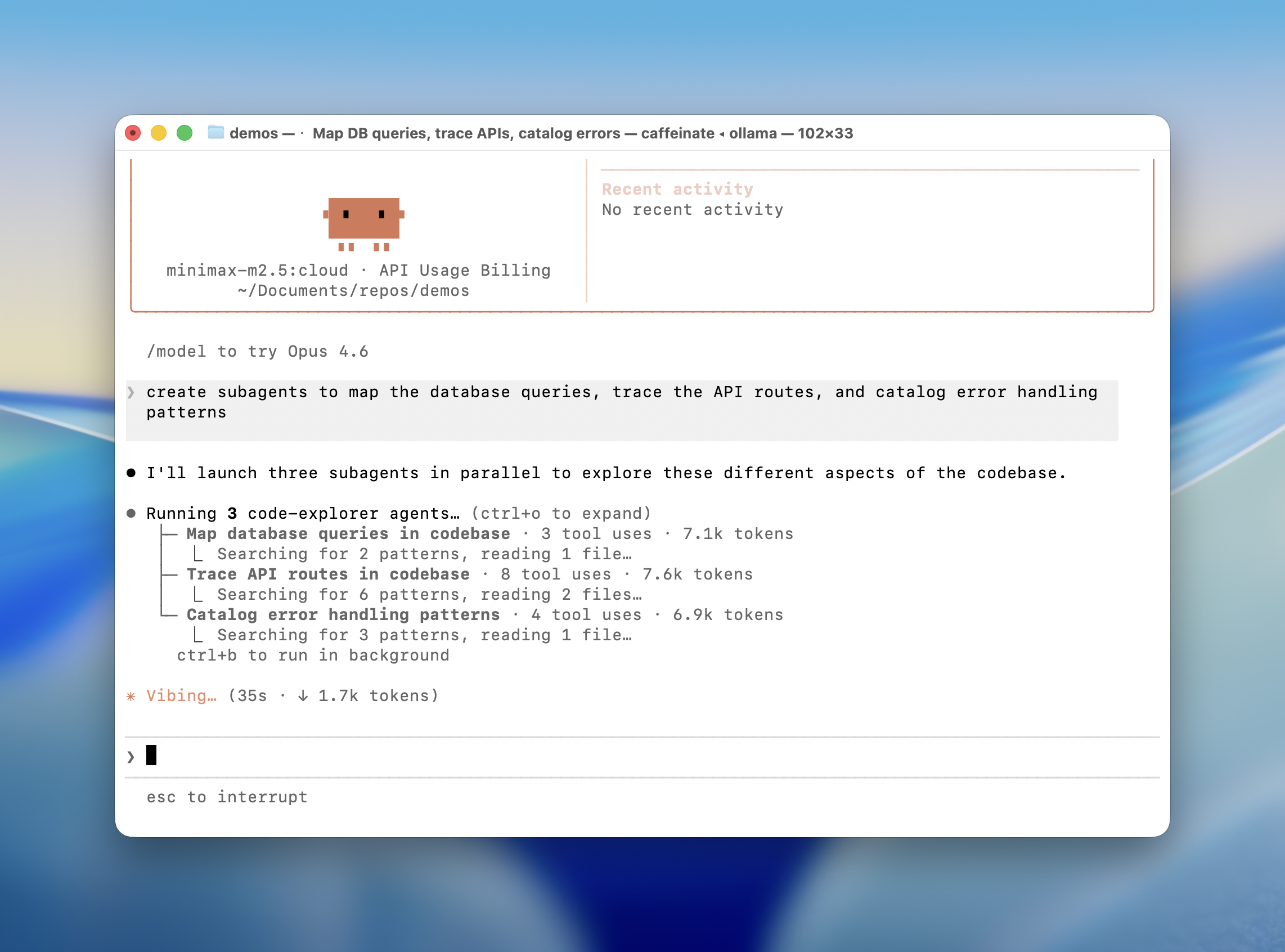 Screencapture of Ollama supporting subagents using Claude Code.