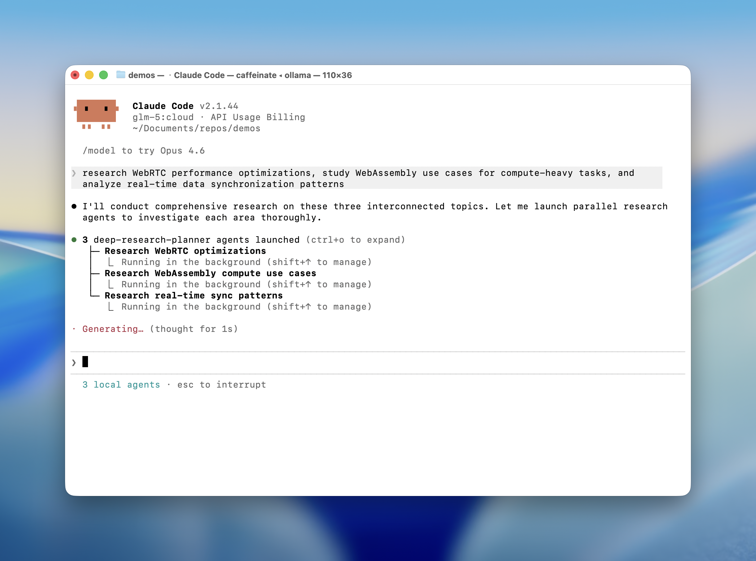 Screencapture of Ollama creating subagents and enabling those subagents to perform web searches.